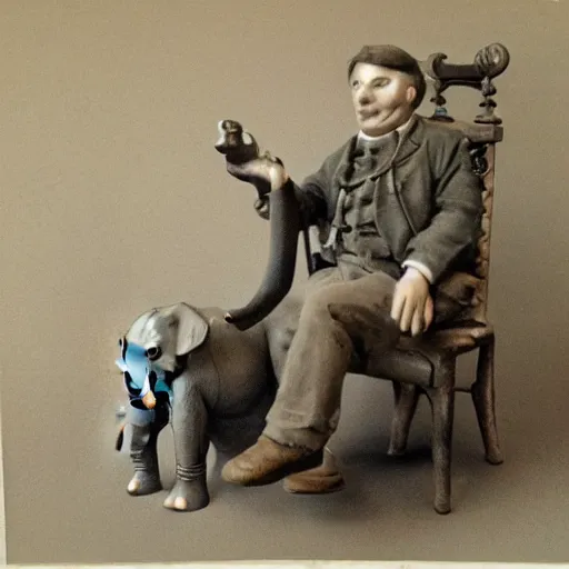 Prompt: a man on a chair with his miniature elephant on his lap