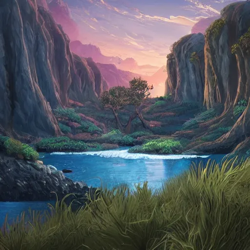 Prompt: artistic digital artwork of a lush natural scene on an alien planet. beautiful landscape by lurid ( 2 0 2 2 ). weird vegetation. cliffs and water. grainy and rough. soft interesting colour palette. straight shapes mixed with organic details. beautiful light. high quality render.