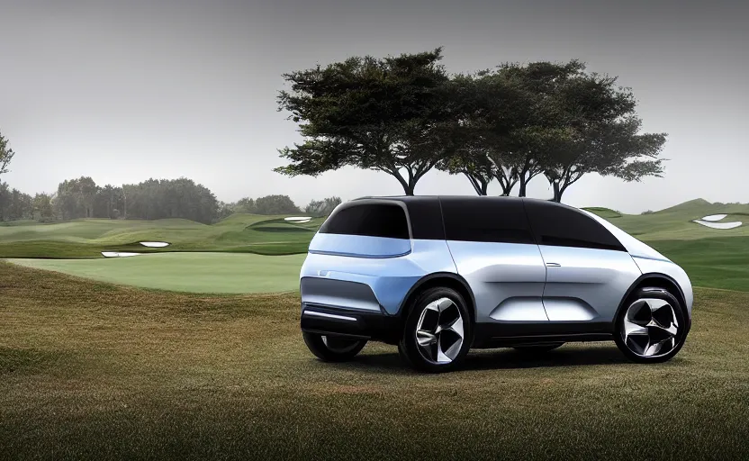 Image similar to the electric suv honma will release soon, outdoor product photography on a golf course, fog, very besautiful ambient light, sun rays