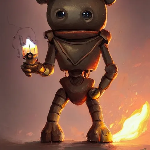 Prompt: anthropomorphic robot [ thing ], wielding a torch, tiny, small, short, jumpsuit, cute and adorable, pretty, beautiful, dnd character art portrait, matte fantasy painting, deviantart artstation, by jason felix by steve argyle by tyler jacobson by peter mohrbacher, cinema