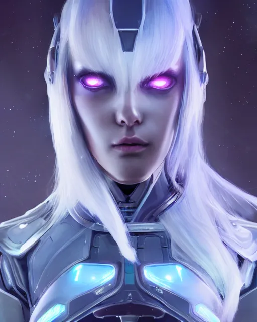 Image similar to perfect android girl on a mothership, warframe armor, beautiful face, scifi, futuristic, galaxy, nebula, raytracing, dreamy, long white hair, blue cyborg eyes, sharp focus, cinematic lighting, highly detailed, artstation, divine, by gauthier leblanc, kazuya takahashi, huifeng huang