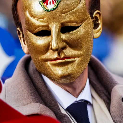 Image similar to Emmanuel Macron in Venice wearing a carnival mask , 150mm photography, high quality, 4K