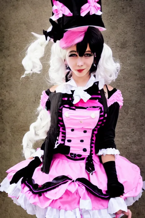 Image similar to Catgirl with black fur, pink hair, and pink eyes in Gothic Lolita maid costume wearing small top hat