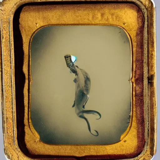 Image similar to tintype photo, swimming deep underwater, alien squid