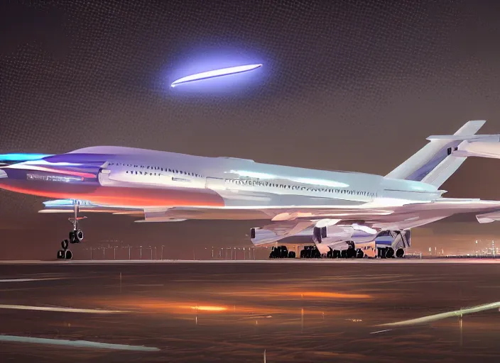 Image similar to immense futuristic jet plane arrives at runway of cyberpunk airport at night ,cinematic lighting, concept art