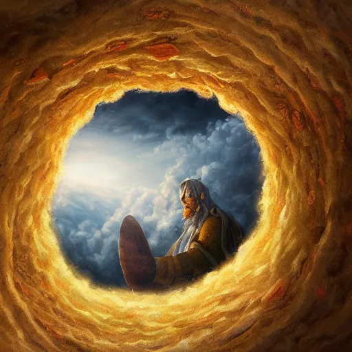 Prompt: a detailed mate painting of god looking down on earth through a hole in the clouds'by stephanie law, existential horror, trending on cgsociety artstation, highly detailed, 8 k, masterpiece, super resolution.