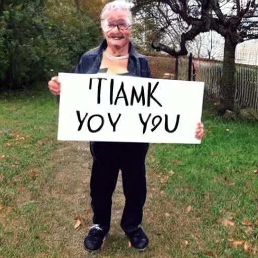 Image similar to a tabby cat holding a sign that says thank you!