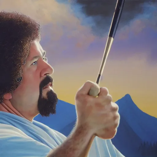 Image similar to a closeup photorealistic photograph of bob ross painting an image of kenny powers pitching a baseball on a canvas. mountains and trees. film still. brightly lit scene. this 4 k hd image is trending on artstation, featured on behance, well - rendered, extra crisp, features intricate detail, epic composition and the style of unreal engine.