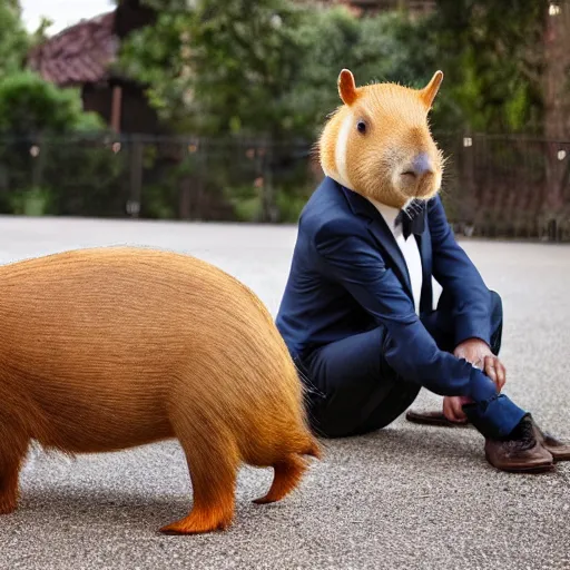 Prompt: a human with a capybara face wearing a suit