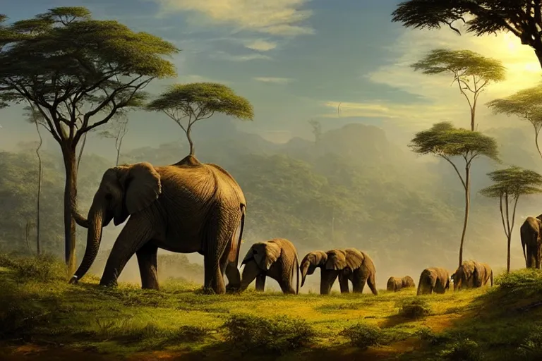 Prompt: African elephants in the jungle, beautiful dynamic lighting, cinematic, wide angle establishing shot, extremely high detail, photo realistic, cinematic lighting, post processed, concept art, artstation, matte painting, style by frederic church, raphael lacoste, alex ross