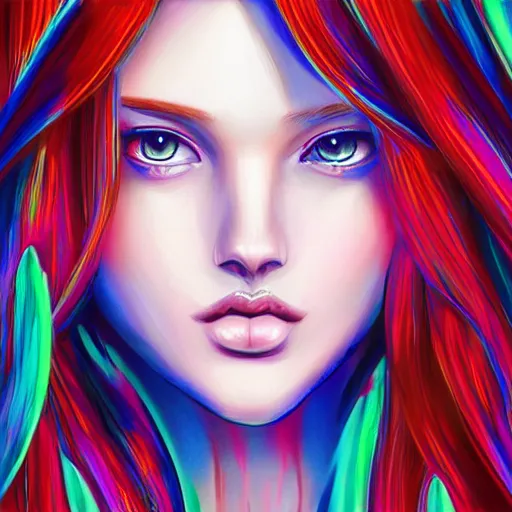 Image similar to a stylized image of a hard surfaces girl with long hair, digital art by ei - q, featured on pixiv, synchromism, flat shading, full body, metaphysical painting, speedpainting, digital painting, holographic undertones, highly saturated colors, 4 k, digital art, concept art, trending on artstation