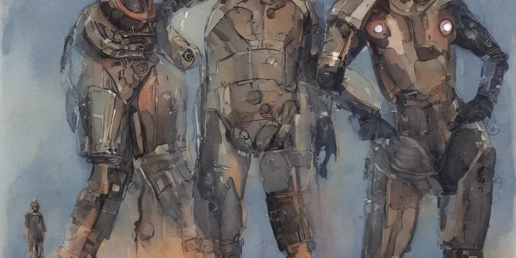 Image similar to female, full body, wide shot, modern space suit, intriguing helmet, stylized character design, the expanse tv series, large shoulders, short torso, long thin legs, tiny feet, science fiction, hyperdetailed, technical suit, dieselpunk, watercolor digital painting, in the style of mike mignola, by alex maleev