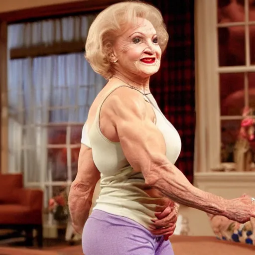 Prompt: buff betty white with huge muscles