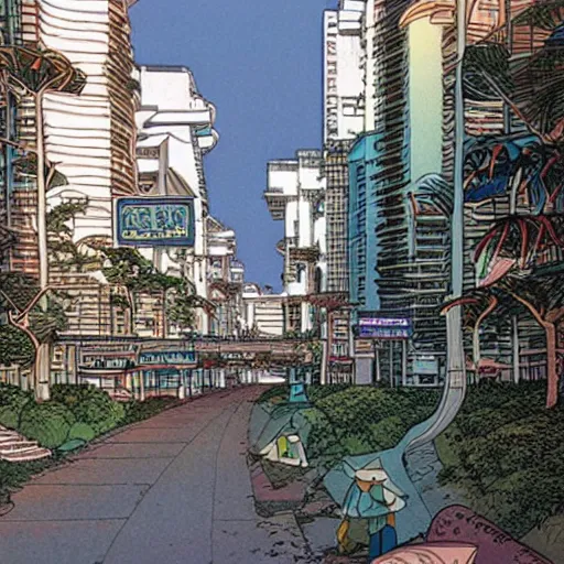 Image similar to a street in singapore, by moebius