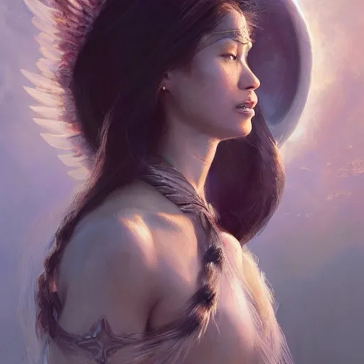 Prompt: Portrait of a Pacific Islander goddess with angel wings, and a glowing halo, white lighting, digital art by Ruan Jia and Mandy Jurgens and Artgerm, highly detailed, trending on artstation, award winning,