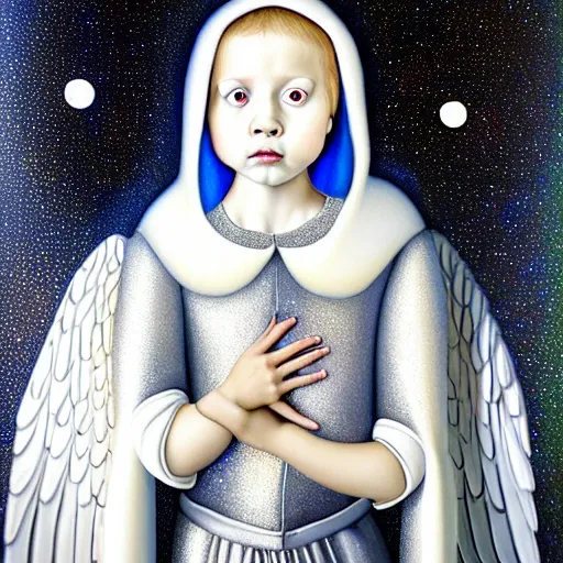 Image similar to beautiful high details hyper realistic painting of white angel in the hood coming from space with giant ball of miracle light from the chest!!!!!, 4 k hd face!!!, fashion cute face, no gender, giant silver holographic wings, by jan van eyck, holography space, white sparkles everywhere, thin strokes, high textures, silver background