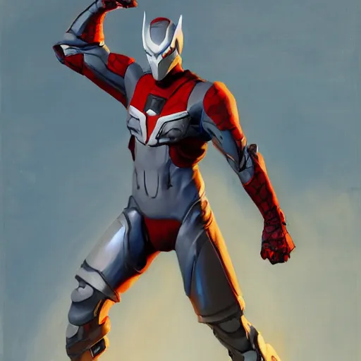 Image similar to greg manchess portrait painting of armored spiderman ultraman grey fox from metal gear cyborg gay japanese - american hybrid as overwatch character, medium shot, asymmetrical, profile picture, organic painting, sunny day, matte painting, bold shapes, hard edges, street art, trending on artstation, by huang guangjian and ail elvgren and sachin teng