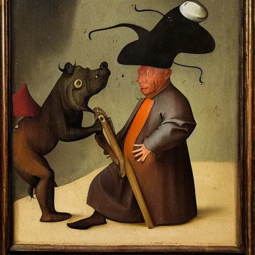 Image similar to oil painting by hieronymous bosch of a hippopotamus and a man wearing a hat.