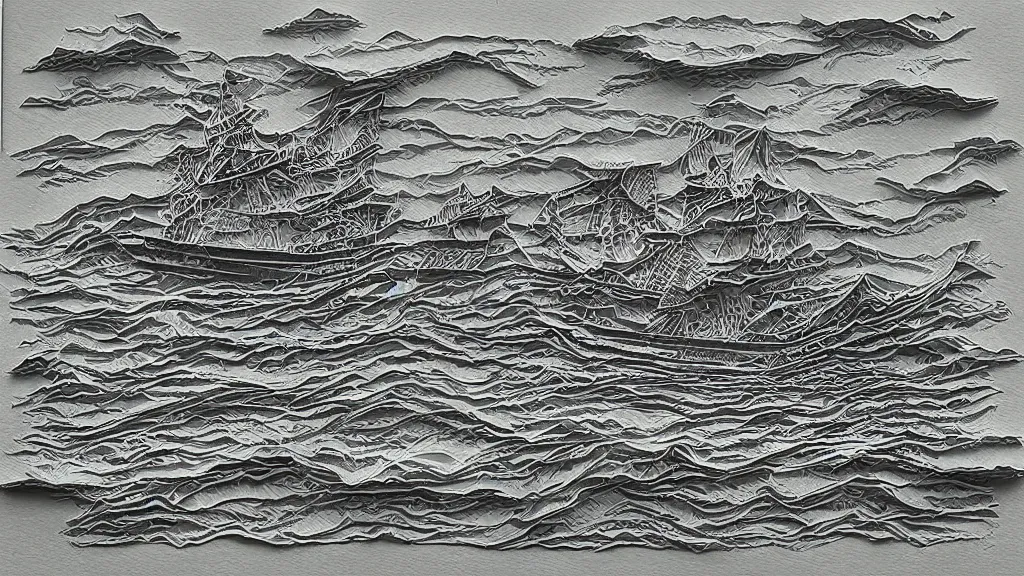 Prompt: a Layered paper art of a ship in a stormy sea