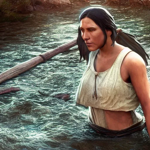 Prompt: hyperrealistic film full body still of sacagawea in river, inspired by istvan sandorfi & greg rutkowski & unreal engine, perfect facial symmetry, dim volumetric cinematic lighting, 8 k octane comprehensive render, extremely hyper - detailed, incredibly lifelike attributes, intricate, real flesh texture, masterpiece, artstation, stunning,