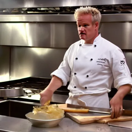 Image similar to hyper real Gordon Ramsey cooking a unicorn in kitchen 4k