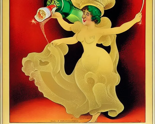 Image similar to cancan, melchizedek champagne bottle. leonetto cappiello, pur champagne damery, 1 9 0 2.