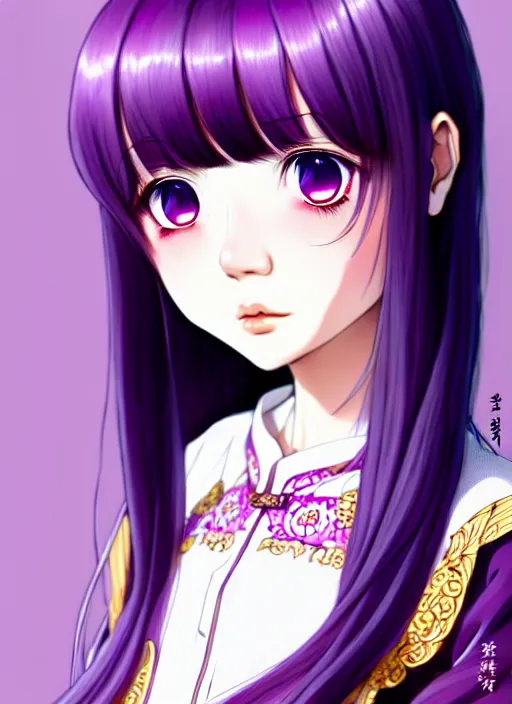 Image similar to full body illustration of an ulzzang korean girl purple hair with hime cut bangs, head slightly tilted, wearing an ornate cheongsam, ilya kuvshinov, anime, pixiv top monthly, trending on artstation, cinematic, danbooru, zerochan art, kyoto animation