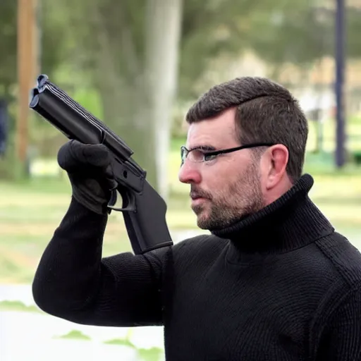 Image similar to A man in a black turtleneck sweater pointing a gun equipped with a suppressor