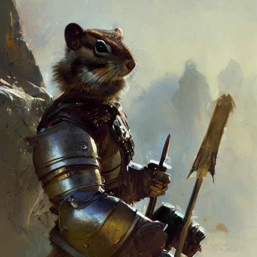 Prompt: portrait of warrior chipmunk, shiny armor, by jeremy mann, anders zorn, greg rutkowski.