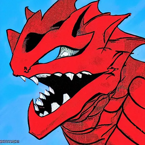 Image similar to big red dragon face on a zoom call. akira style photo