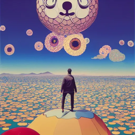 Prompt: a man walking on clouds away from the camera above kyoto by takashi murakami, beeple and james jean, aya takano color style, 4 k, super detailed, modern, 4 k, symmetrical