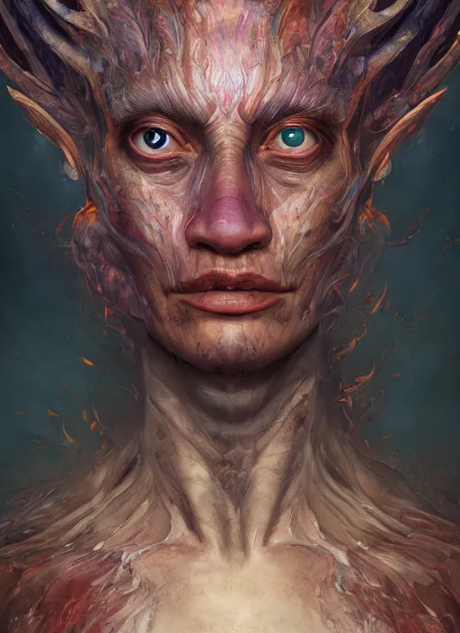 Image similar to masterpiece portrait of a cosmic demon, au naturel, hyper detailed, digital art, trending in artstation, cinematic lighting, studio quality, smooth render, unreal engine 5 rendered, octane rendered, art style by klimt and nixeu and ian sprigger and wlop and krenz cushart