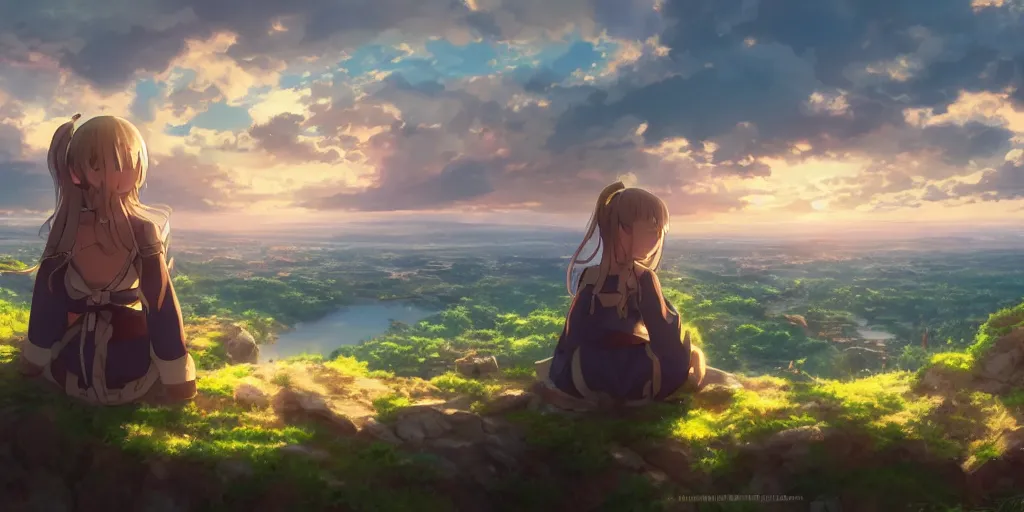 Prompt: isekai masterpiece anime girl sitting on a rock off to the side looking down upon swedish town, during dawn, cinematic, very warm colors, intense shadows, anime illustration, anime screenshot composite background