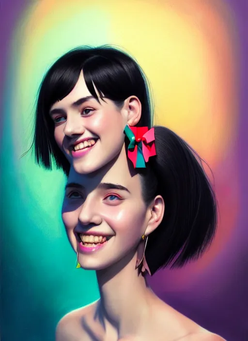 Image similar to portrait of high school girl, realistic, black hair, bangs, half updo hairstyle, pointy nose, skinny, smile, ugly, defined jawline, big chin, teal hair bow, earrings, intricate, elegant, glowing lights, highly detailed, digital painting, artstation, sharp focus, illustration, art by wlop, mars ravelo and greg rutkowski