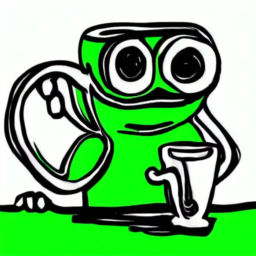 Image similar to Pepe the Frog drinking coffee from a large white mug, simple digital art