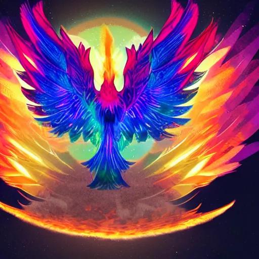 Image similar to An image of an expressive wings open phoenix with iridescent feathers standing on a pile of grey ashes and glowing coal. The phoenix is surrounded by a bright light and waves of fire with a neon bright glowing circular rainbow. Black smoke wafts from the coal.