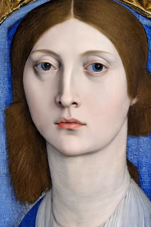 Image similar to hyper - realistic close - up portrait of a medieval female in the caravaggio style, pale skin, in a silver silk robe, blue palette