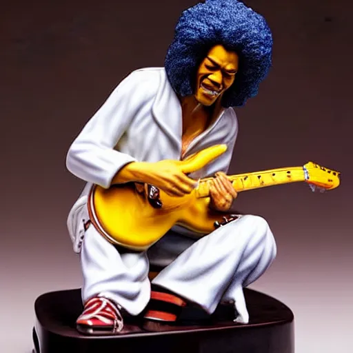 Prompt: a porcelain figurine of jimmy hendrix playing the guitar, product shot