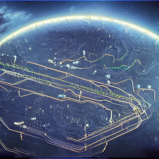 Image similar to the ethereal queen of technology bestows the gift of circuits to humanity. matte painting. fantastic.