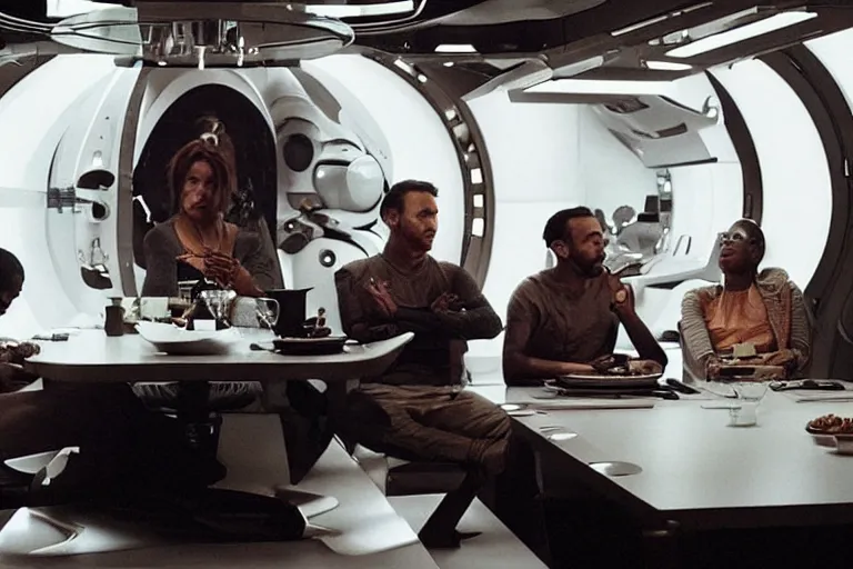 Image similar to movie diverse interracial small team of European sci-fi futuristic space explorers talking at the table in a spaceship kitchen, beautiful skin, Symmetrical faces. Beautiful lighting by Emmanuel Lubezki