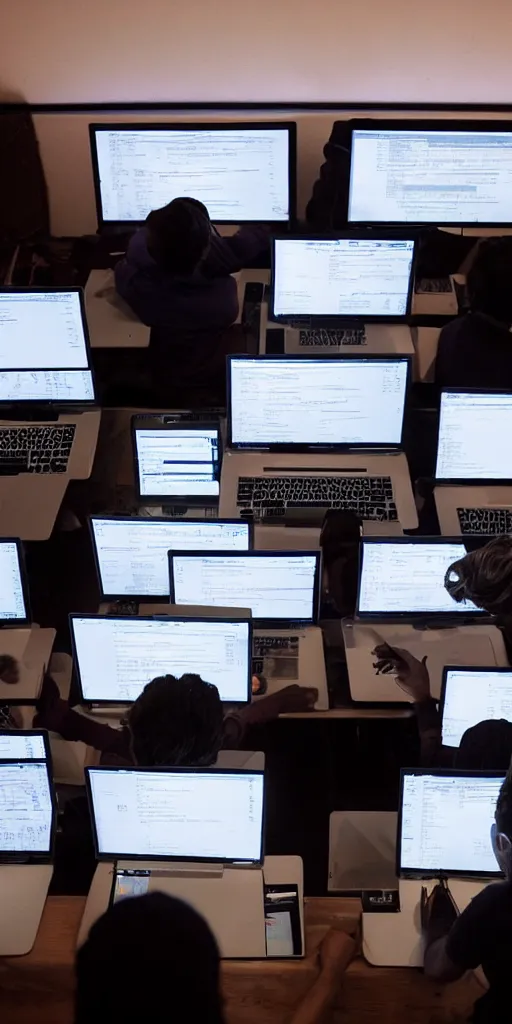 Image similar to 5 people writing code on laptops in a dimly lit room at night, computer screens illuminate their faces