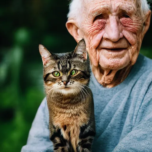 Prompt: portrait of an elderly man cat hybrid, canon eos r 3, f / 1. 4, iso 2 0 0, 1 / 1 6 0 s, 8 k, raw, unedited, symmetrical balance, wide angle