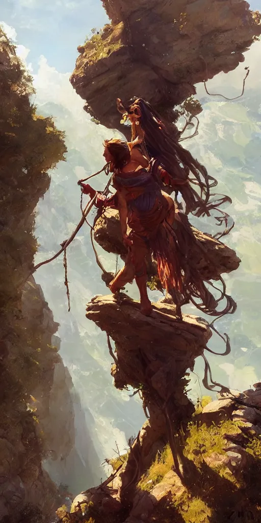 Image similar to oil art of young roma mage adventurer climbing down a cliffside in style of disco elysium character, gipsy jester character design from ravenloft, art by anders zorn, wonderful masterpiece by greg rutkowski, beautiful cinematic light, american romanticism by greg manchess, jessica rossier