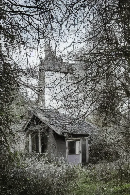 Image similar to specs of flowing light surround and swarm an abandoned overgrown cottage