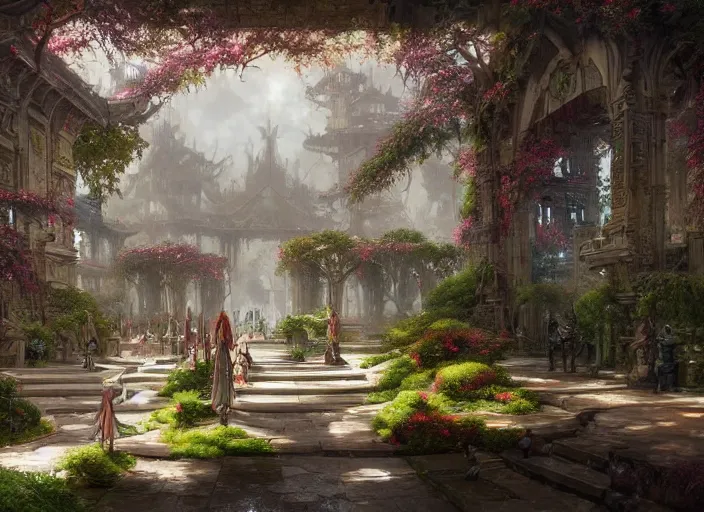 Image similar to A wide open courtyard in a beautiful, colorful elven city made of ivory, anime, lush trees, fountain, a fantasy digital painting by Greg Rutkowski and James Gurney, trending on Artstation, highly detailed