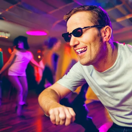 Prompt: photo of a 4 0 year old white man living thinking he's living the best life possible. he looks young for his age. he is at a dance club, it's as if he were in a music video. woman are flocking to him and can be seen dancing around him in a seductive manner.