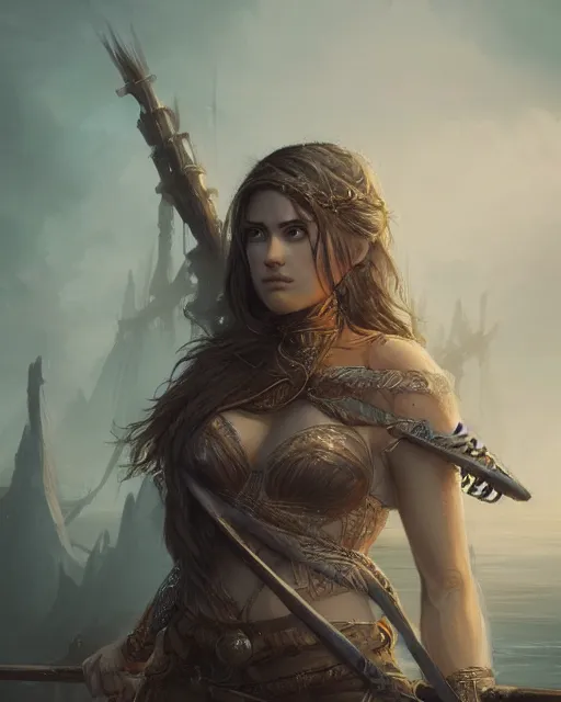 Image similar to A beautiful female warrior posing on a boat, beautiful face, highly detailed face, close-up, fantasy art, in the style of greg rutkowski, illustration, epic, fantasy, intricate, hyper detailed, artstation, concept art, smooth, sharp focus, ray tracing