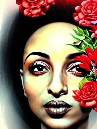 Image similar to portrait of sade with a floral background : : painted by artgerm, karol bak, artur bordalo, sandra chevrier : : portrait, character, illustration, hyperrealism, photorealism