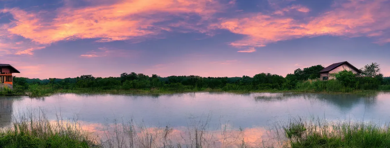 Prompt: a serene landscape with a singular building near a lake at sunset in anime style, 8k, low saturation, high quality, high detail