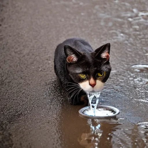 Prompt: photo of a cat drinking water from a puddle